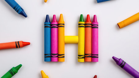 Letter H formed with colorful crayons scattered on a school desk, top view with plenty of empty spaceの素材