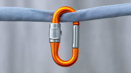 A single carabiner clipped to a guyline, essential tent accessory shown clearly with open backgroundの素材