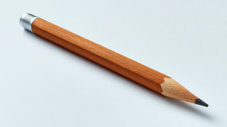 A single wooden pencil lying diagonally on a clean white desk, simple stationery setup with ample copy spaceの素材