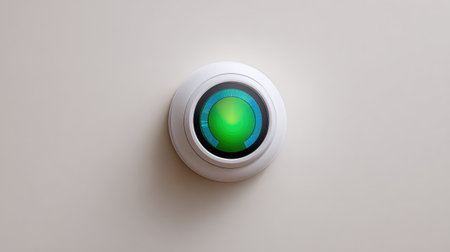 A single smart thermostat mounted on a white wall, close-up with ample negative spaceの素材