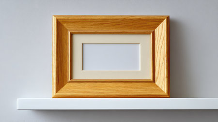 A single wooden picture frame standing on a white shelf with ample copy space aroundの素材