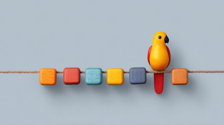 A single parrot toy hanging with colorful wooden blocks, isolated background with spaceの素材