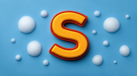Bright foam letter S on blue background, children's play theme with space for textの素材