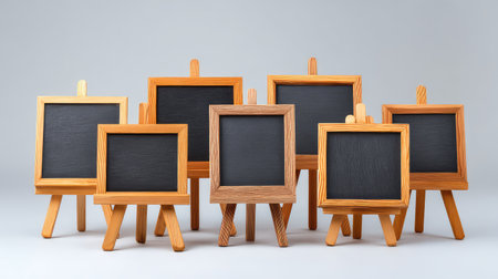Group of mini chalkboards on easels arranged for themed shoots with space for customizationの素材