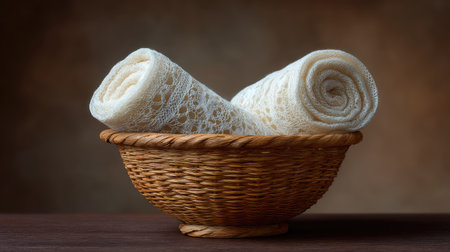 Basket with rolled soft blankets and lace used as baby shoot props with copy spaceの素材