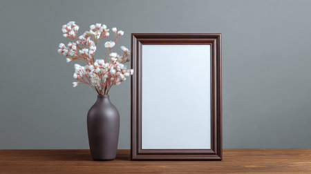 A tiny decorative picture frame centered on a tabletop, light background with design spaceの素材