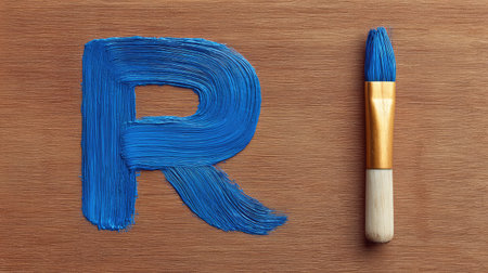 Blue acrylic-painted letter R with brush strokes on canvas, top view creative spaceの素材