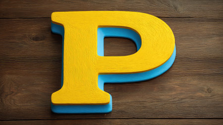 Bright yellow P painted on textured wood, bold primary colors and clear layoutの素材