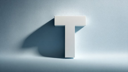 Bold D-rendered letter T casting a long shadow on white ground, clean visual with copy spaceの素材