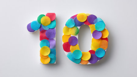 Number  made from colorful paper confetti on a clean white background, festive with empty spaceの素材
