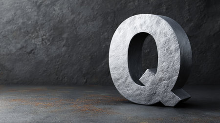 Cut metal Q on concrete background with industrial feel and bold contrast for design spaceの素材