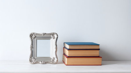 A small silver frame placed beside a stack of books on a bright white surfaceの素材