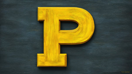 Bright yellow P painted on textured wood, bold primary colors and clear layoutの素材