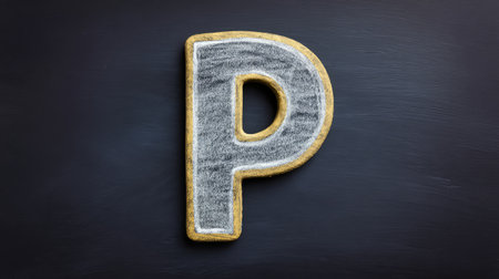 Hand-drawn chalk letter P with rough texture on dark board, education style with spaceの素材