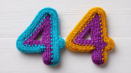 Number  created with knitting yarns on white textile background, handmade cozy styleの素材