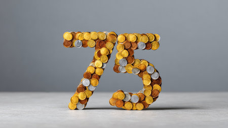 Number  made with shiny coins on a tabletop, money or savings theme with copy spaceの素材