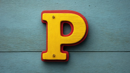 Bright yellow P painted on textured wood, bold primary colors and clear layoutの素材