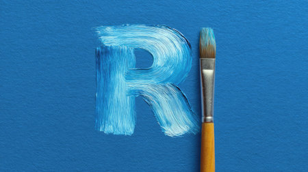 Blue acrylic-painted letter R with brush strokes on canvas, top view creative spaceの素材