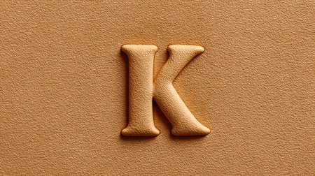 Elegant letter K embossed into a leather background, close-up texture with minimalist empty areaの素材