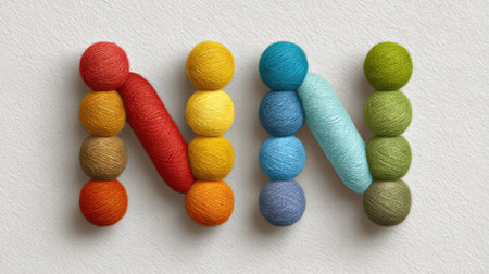 Letter N made of colorful yarns on soft white felt, cozy composition with design roomの素材