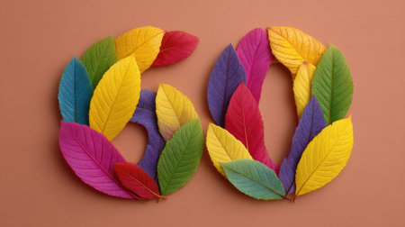 Number  formed using colorful leaves on an autumn background, seasonal theme with spaceの素材