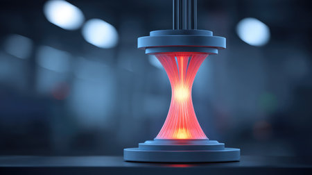 A captivating abstract image of a glowing torsion structure showcases vibrant red and orange light, evoking a sense of innovation and modern design in a sleek, industrial setting.の素材