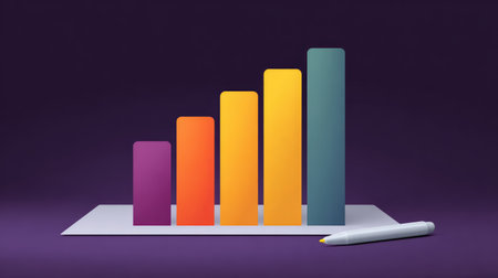 A modern and colorful chart design with vibrant colors represents growth in data visualization. A stylish pen rests beside the graph on a purple background, enhancing the professional look.の素材