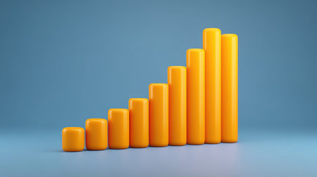 A vibrant yellow bar graph illustrating steady growth against a light blue background, ideal for business and finance presentations, emphasizing success and progress visually.の素材