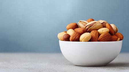 This image depicts a bowl brimming with assorted nuts including almonds, cashews, and pistachios, set against a calming light blue background. Perfect for health enthusiasts.の素材