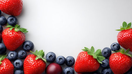 A vibrant assortment of fresh strawberries and blueberries on a light backdrop, ideal for concepts related to healthy eating, summer recipes, desserts, or fruit arrangements.の素材