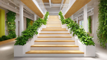 A beautifully designed indoor staircase featuring wooden steps and vibrant greenery, creating a fresh and inviting atmosphere in a modern architectural space.の素材