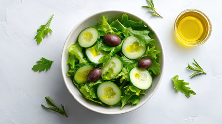 A vibrant and fresh green salad featuring sliced cucumbers, crisp lettuce, and black olives drizzled with olive oil, perfect for healthy eating and wellness.の素材