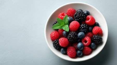 A stunning bowl filled with fresh raspberries, blackberries, and blueberries sits atop a soft blue background, showcasing a vibrant and healthy mix perfect for any recipe or lifestyle choice.の素材