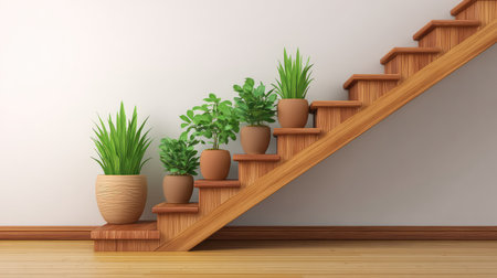 A stylish wooden staircase features a variety of indoor plants in chic pots, enhancing the home environment with natural elements and a serene ambiance.の素材