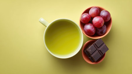 A vibrant composition featuring a cup of herbal tea, fresh red grapes, and pieces of dark chocolate against a bright yellow background, perfect for promoting wellness and enjoyment.の素材