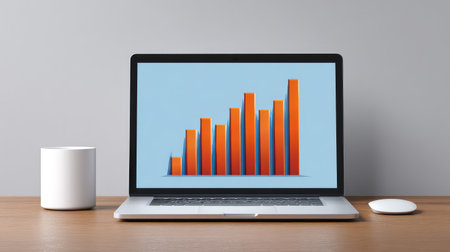A modern laptop showcases a colorful rising bar graph on a clean desk, ideal for business analysis and financial insights, highlighting growth and productivity trends.の素材