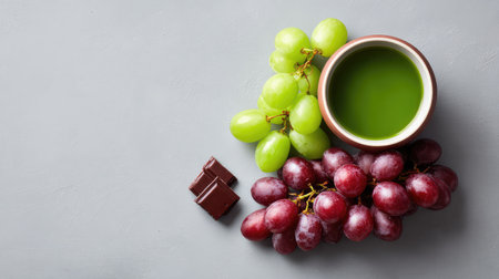 A visually appealing arrangement of fresh green and red grapes paired with a green smoothie and dark chocolate, perfect for healthy eating and culinary inspiration.の素材