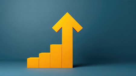 Bright yellow design illustrating an arrow and step bars signifies upward growth in business and finance. This image represents achievement and success in various sectors.の素材