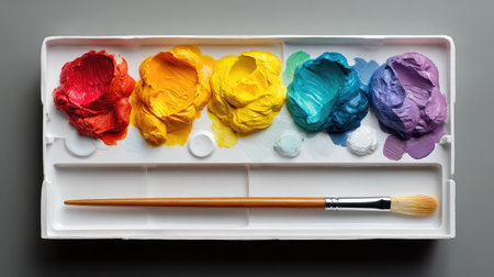 A vibrant palette featuring an array of colorful acrylic paints alongside a paintbrush, perfect for any artistic endeavor or creative project.の素材