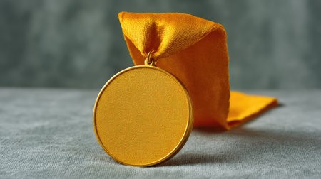This image features a gold medal with a smooth surface and an orange ribbon, perfect for themes of achievement, celebration, and recognition in various contexts.の素材