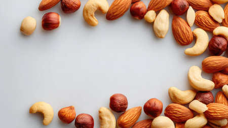 A vibrant assortment of nuts laid out on a soft gray backdrop highlights their textures and colors, ideal for health-conscious food projects and culinary inspiration.の素材
