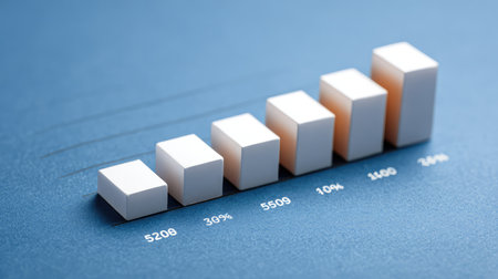 A visually appealing bar graph demonstrating business growth with incrementing revenue figures and percentage increases, suitable for finance and marketing presentations.の素材
