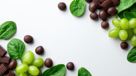 An inviting arrangement of fresh green grapes, dark chocolate, and spinach leaves on a clean white background, highlighting a blend of indulgence and health for food enthusiasts.の素材
