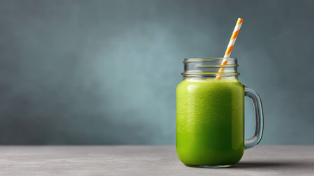 A vibrant green smoothie served in a clear glass jar with a colorful straw, set against a soft grey background, ideal for health and wellness themes or nutrition-focused content.の素材