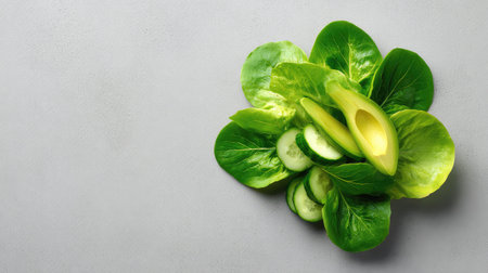 Vibrant and fresh arrangement of avocado slices, crisp greens, and cucumber on a light gray background, ideal for visualizing healthy eating or nutritional content.の素材