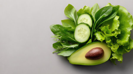 A visually appealing arrangement of fresh greens including avocado, cucumber, and lettuce on a smooth gray background, perfect for promoting healthy eating and vibrant cuisine.の素材