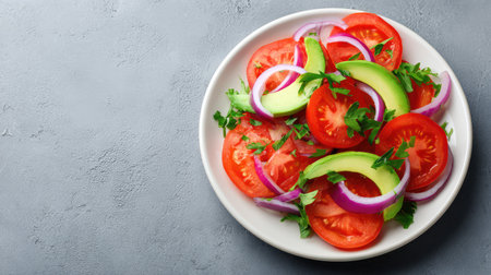 A vibrant and fresh salad featuring juicy sliced tomatoes, creamy avocado, sharp red onion, and fresh parsley, ideal for a healthy meal or culinary inspiration.の素材