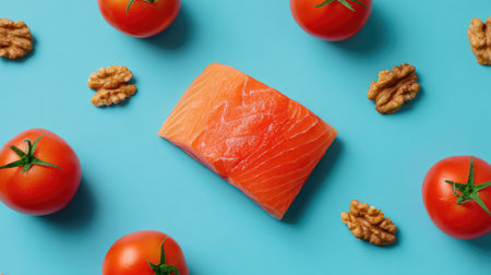 A vibrant composition featuring a fresh salmon fillet at the center, surrounded by ripe tomatoes and walnuts, perfect for food photography and healthy meal inspirations.の素材