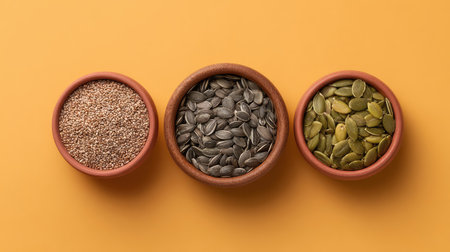 A vibrant display of healthy seeds in clay bowls on an orange background, perfect for food photography or culinary illustrations highlighting nutrition and diverse ingredients.の素材