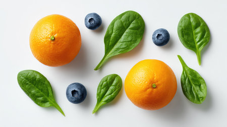 Colorful arrangement of fresh oranges, blueberries, and spinach leaves on a white background, symbolizing healthy eating and vibrant living choices for all.の素材